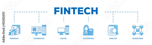 Fintech icon infographic illustration concept with icon of financial, technology, digital, accounting, analysis and blockchain icon live stroke and easy to edit 