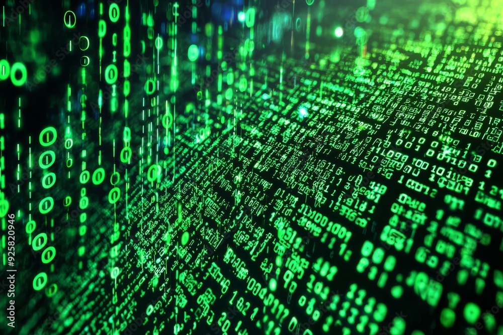 Green Dark Binary Code with Data Streaming Background created with Generative AI Green Dark Binary Code with Data Streaming Background created with Generative AI