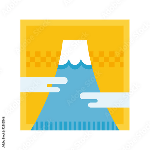シンプルな富士山と雲のイラスト素材＿黄色い和風の背景