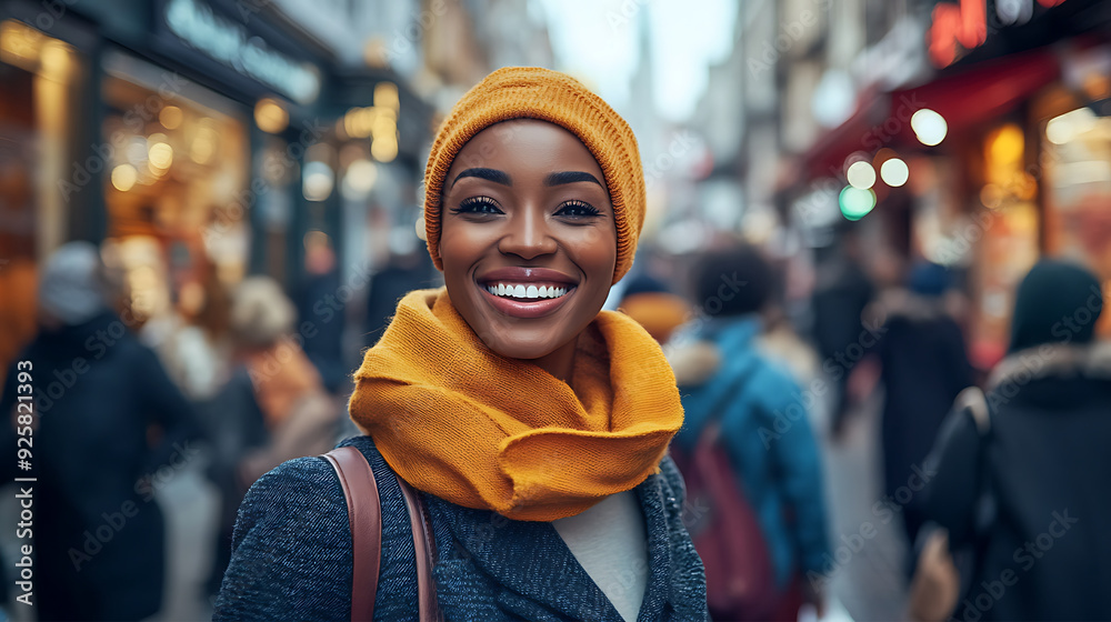 A confident woman in a stylish outfit, smiling with pure joy as she walks through a lively city street, surrounded by people and vibrant shops A confident woman in a stylish outfit, smiling with pure joy as she walks through a lively city street, surrounded by people and vibrant shops