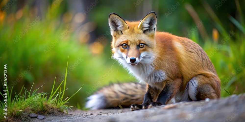 Obraz premium Red fox crouched and ready to pounce in the wild, red fox, wildlife, predator, animal, nature, hunting, strike, wild, outdoors