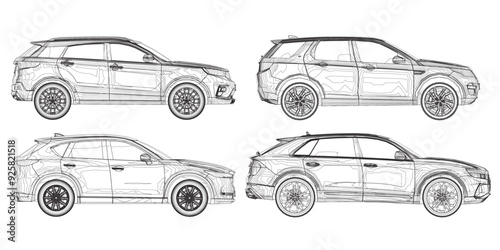 Set of contours different models of cars. Vector flat style illustration. Side view car vector illustration