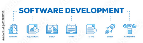 Software development icon infographic illustration concept with icon of planning, requirements, design, coding, testing, deploy and maintenance icon live stroke and easy to edit 