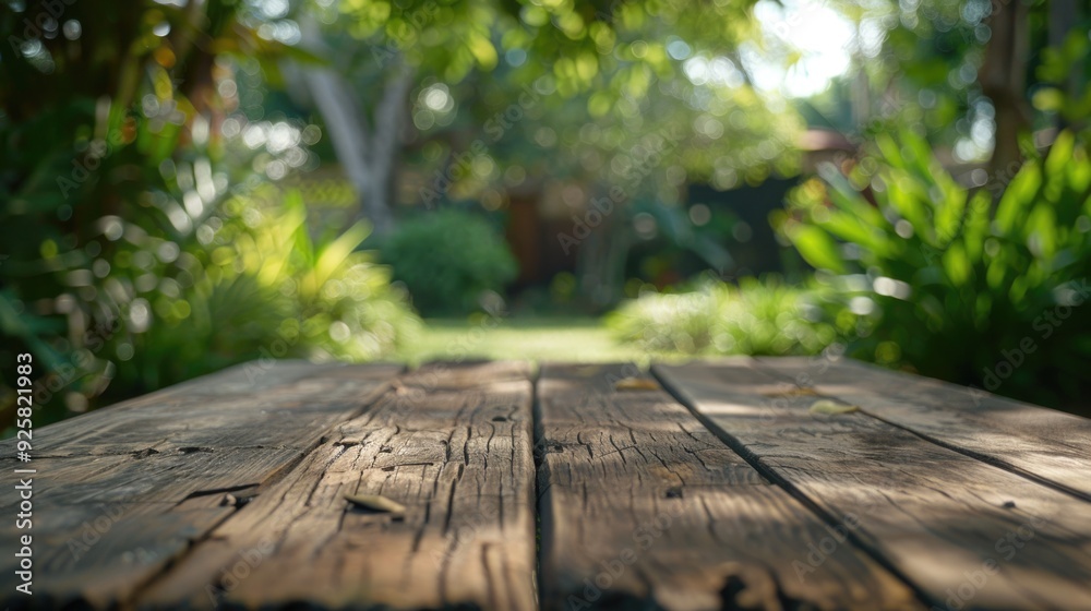 Fototapeta premium Rustic wooden table contrasted with lush green nature garden background.