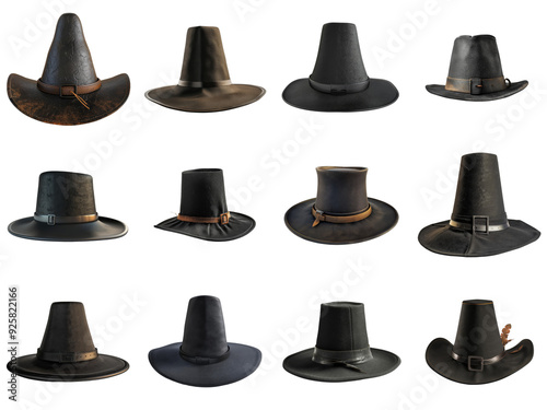 Collection of 12 Pilgrim Hats with Different Styles and Details photo