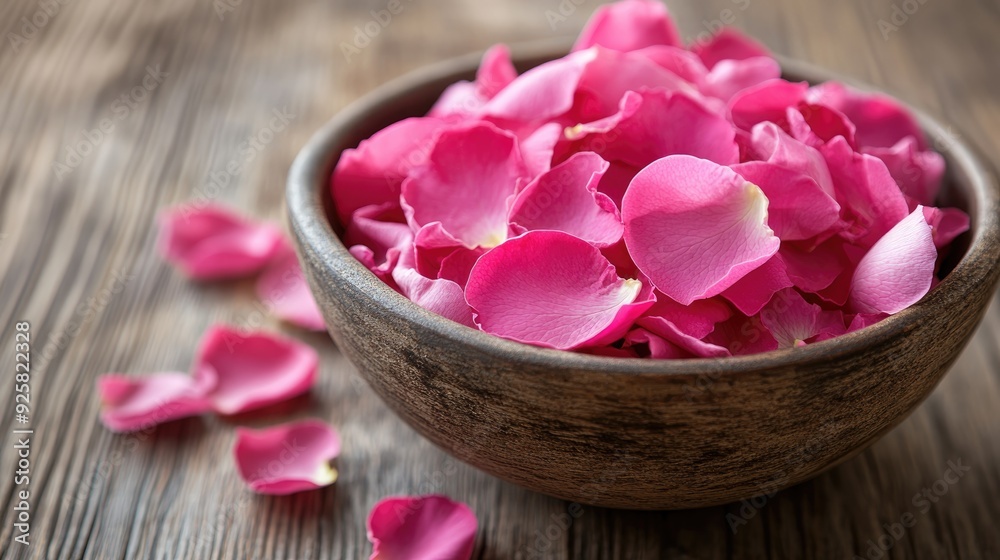 a bowl of pink rose petals on a wooden table for a spa a bowl of pink rose petals on a wooden table for a spa