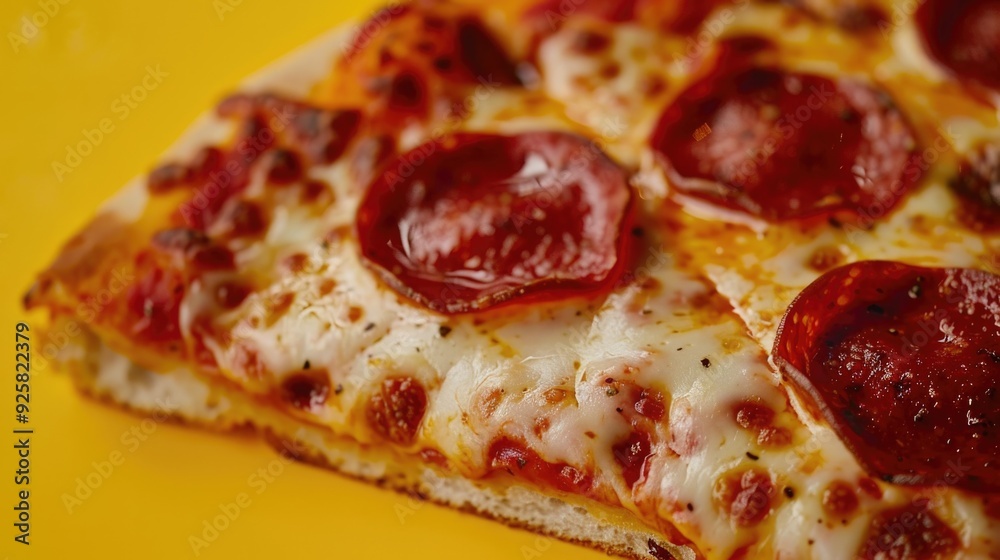 Close-up of a pepperoni pizza slice with tangy sauce and gooey cheese. Close-up of a pepperoni pizza slice with tangy sauce and gooey cheese.