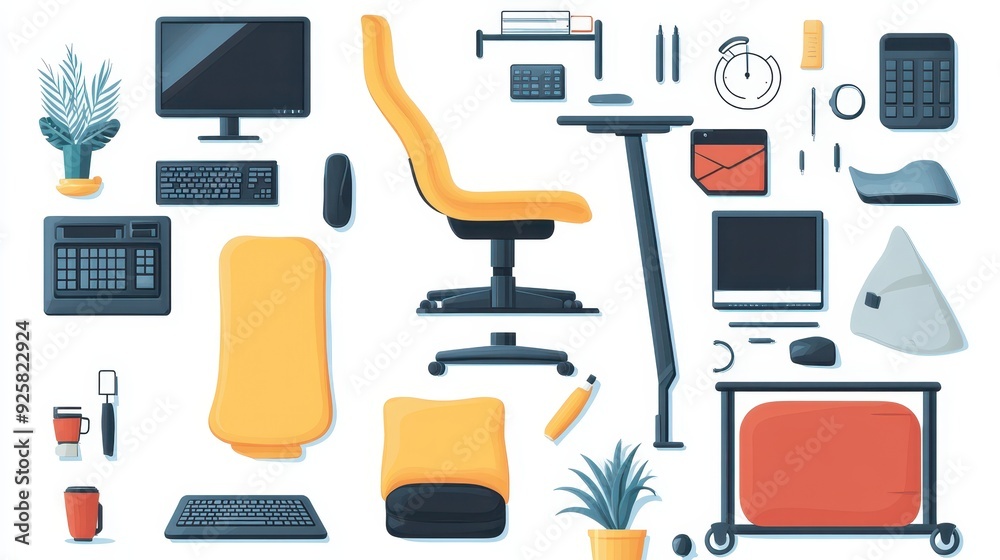 Infographicstyle image showcasing ergonomic tools like footrests Infographicstyle image showcasing ergonomic tools like footrests