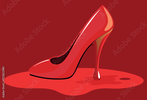 Red high heel shoe melting into a puddle of red paint