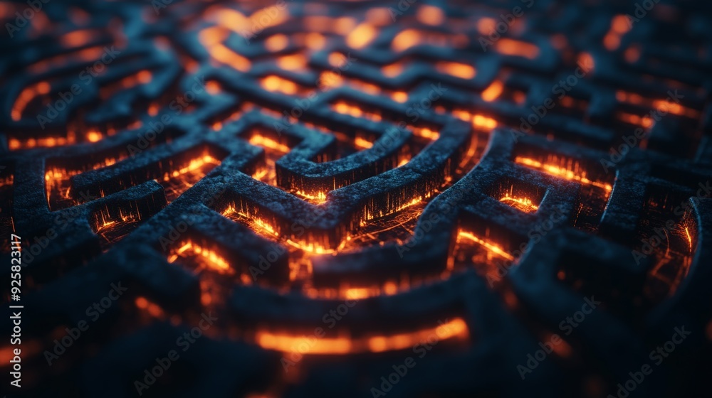 Abstract close-up of a glowing labyrinth with a vibrant orange and black color scheme, showcasing intricate patterns and illuminated paths.