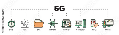 5G icon infographic illustration concept with icon of speed, signal, data, network, internet, technology, mobile and traffic icon live stroke and easy to edit 