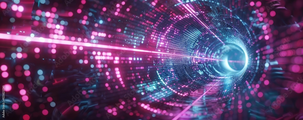 Vibrant digital tunnel with glowing particles and beams of light, creating a futuristic and high-tech atmosphere. Vibrant digital tunnel with glowing particles and beams of light, creating a futuristic and high-tech atmosphere.