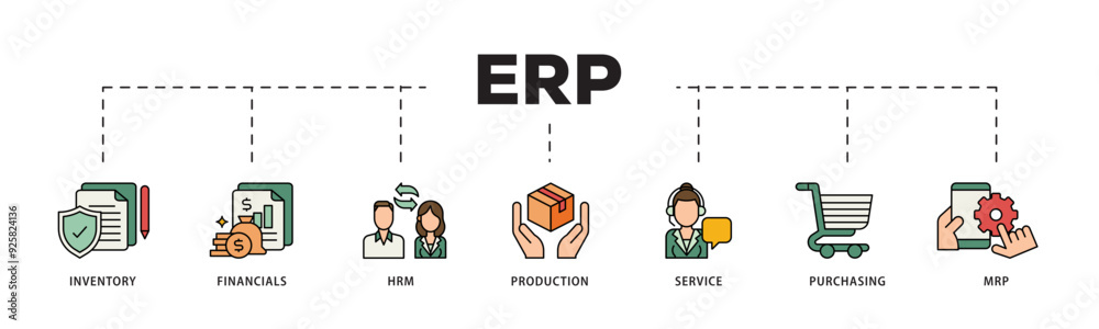 ERP icon infographic illustration concept with icon of inventory, financials, hrm, production, service, purchasing, and mrp icon live stroke and easy to edit 
