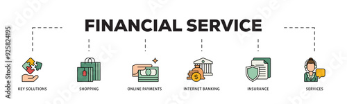 Financial service icon infographic illustration concept with icon of key solutions, shopping, online payments, internet banking, insurance and services icon live stroke and easy to edit 