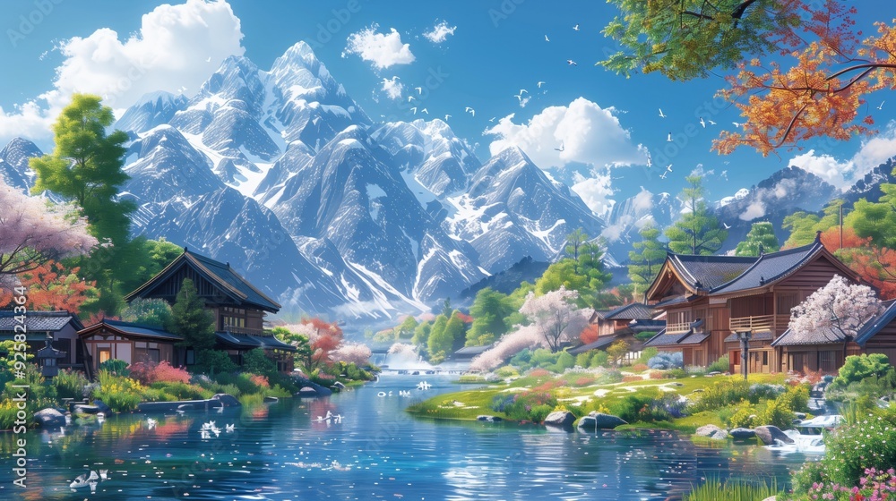 Fototapeta premium Tranquil Japanese Village Nestled in Scenic Mountain Landscape