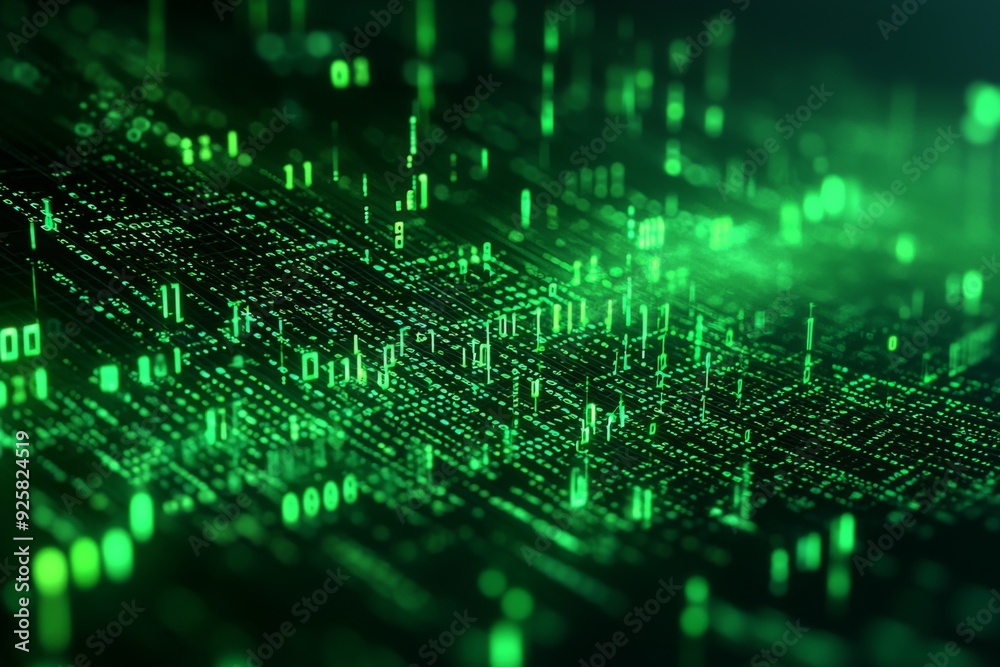 Green Dark Binary Code with Data Streaming Background created with Generative AI Green Dark Binary Code with Data Streaming Background created with Generative AI