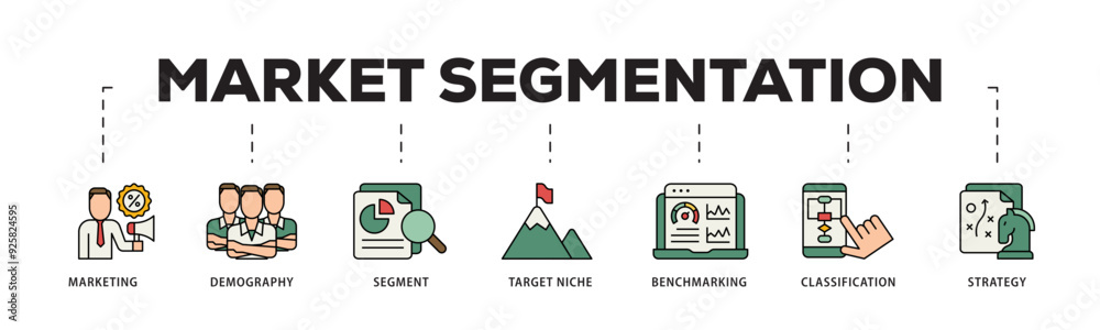 Fototapeta premium Market segmentation icon infographic illustration concept with icon of marketing, demography, segment, target niche, benchmarking, classification, strategy icon live stroke and easy to edit 