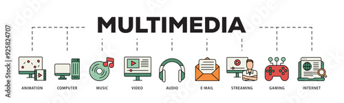 Multimedia icon infographic illustration concept with icon of e mail, video, audio, internet, streaming, gaming, music, computer, animation icon live stroke and easy to edit 