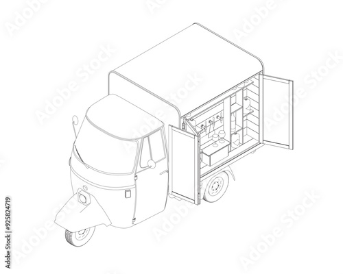 Contour Alcohol truck, outdoor bar. Street vendor selling drinks, beverages at caravan counter. Bartender at window of wheeled mobile alcohol bar. Flat vector illustration isolated on white background