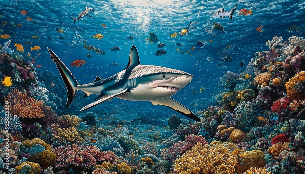 Fototapeta premium A shark swimming in the clear blue waters of a coral reef, surrounded by a rich array of marine life, from small fish to soft corals, with the ocean floor visible beneath