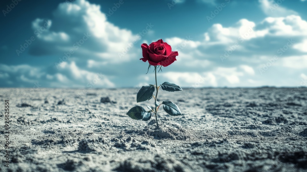 A solitary red rose blooms against a barren, cracked landscape under a dramatic sky, symbolizing resilience and beauty in adversity. A solitary red rose blooms against a barren, cracked landscape under a dramatic sky, symbolizing resilience and beauty in adversity.