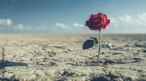 A solitary red rose blooming in a barren desert landscape, symbolizing resilience and hope against a harsh, dry environment under a clear blue sky. photo