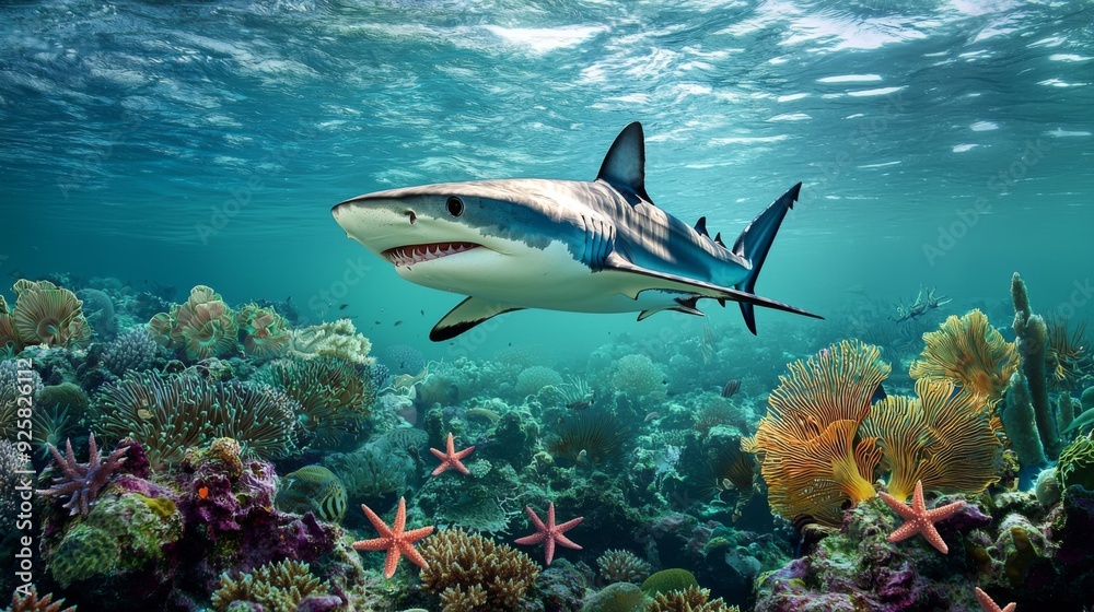 Fototapeta premium A shark swimming in the clear blue waters of a coral reef, surrounded by a rich array of marine life, from small fish to soft corals, with the ocean floor visible beneath