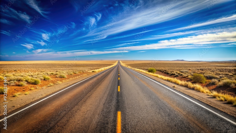 Fototapeta premium Empty desert road stretching into the horizon under clear blue sky, desert, road, wilderness, desolate, arid, sand, empty, remote