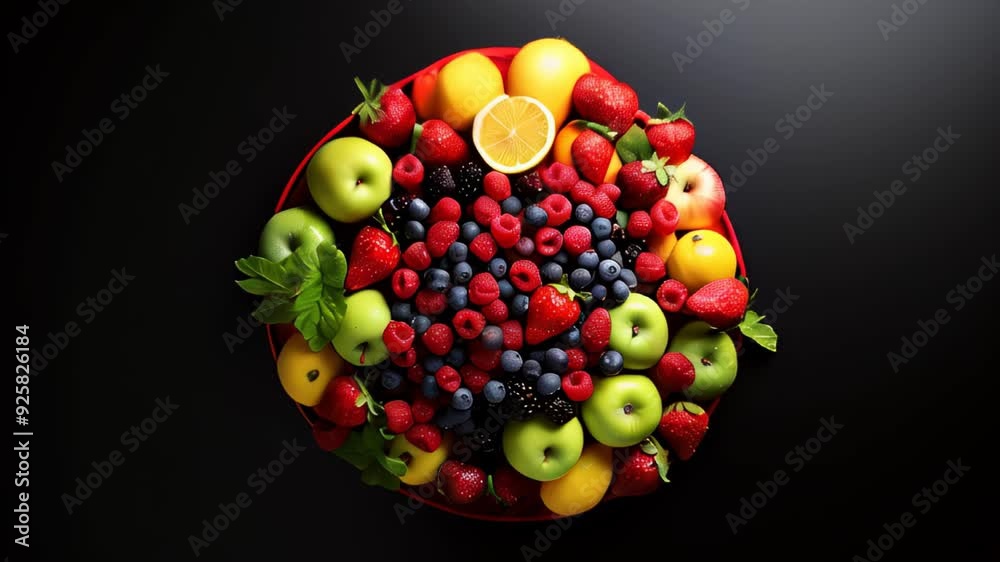 Fresh fruits assortment displayed on a black surface with vibrant colors and textures Fresh fruits assortment displayed on a black surface with vibrant colors and textures