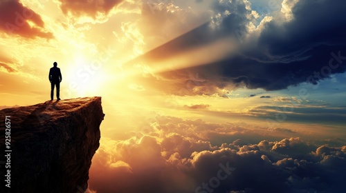 A person stands on a cliff, gazing at a breathtaking sunrise over a sea of clouds, symbolizing hope, freedom, and new beginnings.