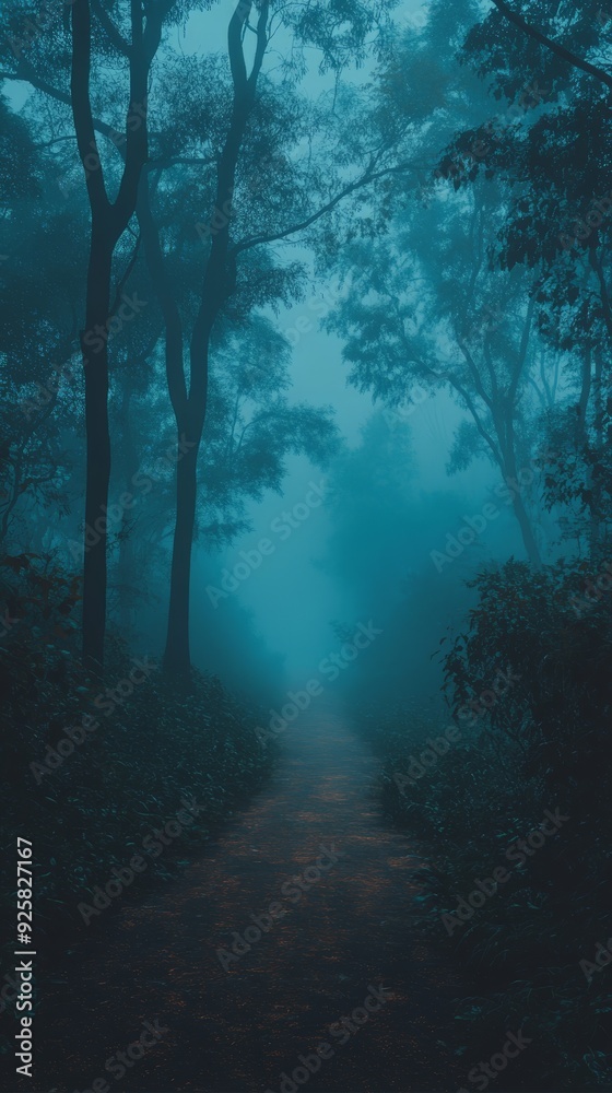 A misty forest path enveloped in dense fog, surrounded by tall trees, creating a mysterious and serene atmosphere. A misty forest path enveloped in dense fog, surrounded by tall trees, creating a mysterious and serene atmosphere.