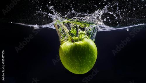 A Green Apple Falling into water causing a hyper-realistic splash and creating bubbles 