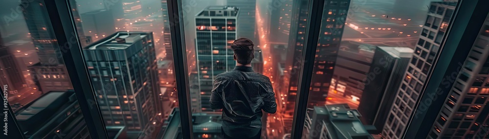 A cityscape view from a high-rise building at night, showcasing glowing lights and a reflective atmosphere. A cityscape view from a high-rise building at night, showcasing glowing lights and a reflective atmosphere.