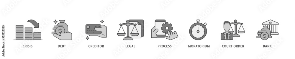 Bankruptcy icon infographic illustration concept with icon of bank ,court order, legal, moratorium, process, creditor, debt, crisis icon live stroke and easy to edit Bankruptcy icon infographic illustration concept with icon of bank ,court order, legal, moratorium, process, creditor, debt, crisis icon live stroke and easy to edit