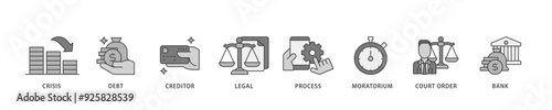 Bankruptcy icon infographic illustration concept with icon of bank ,court order, legal, moratorium, process, creditor, debt, crisis icon live stroke and easy to edit 