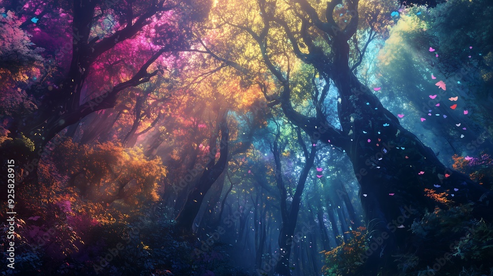 Obraz premium fantasy, lush dense forest, multicolored leaves on the trees, bright, vibrant, magical, mystical 