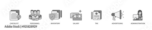 Cost reduction icon infographic illustration concept with icon of checklist, personnel, inventory, salary, tax, advertising and administration icon live stroke and easy to edit 