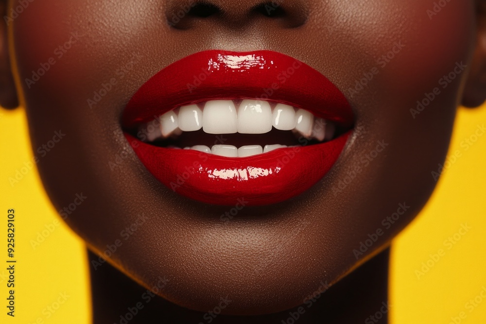 A closeup of a mouth with vibrant red lipstick, slightly parted, revealing a glimpse of teeth. A closeup of a mouth with vibrant red lipstick, slightly parted, revealing a glimpse of teeth.