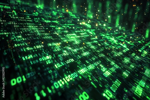 Green Dark Binary Code with Data Streaming Background created with Generative AI