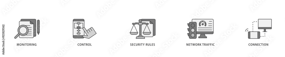 Firewall icon infographic illustration concept with icon of monitoring, control, security rules, network traffic and connection icon live stroke and easy to edit Firewall icon infographic illustration concept with icon of monitoring, control, security rules, network traffic and connection icon live stroke and easy to edit