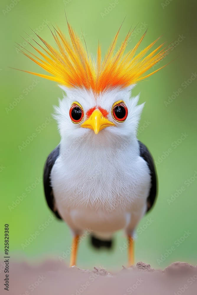 A striking bird with fiery plumage perched in a vibrant green setting at dawn A striking bird with fiery plumage perched in a vibrant green setting at dawn