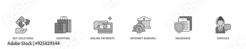 Financial service icon infographic illustration concept with icon of key solutions, shopping, online payments, internet banking, insurance and services icon live stroke and easy to edit 