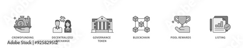 Ido icon infographic illustration concept with icon of crowdfunding, decentralized exchange, governance token, blockchain, smart contract and listing icon live stroke and easy to edit 