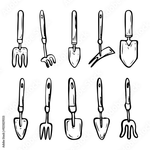 Set of mini gardening tools hand drawn in doodle style. Rake, scoop, hoe. Work items for processing, loosening, digging soil. Hobby gardening. Vector line art illustration.