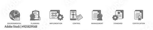 ISO 14001 icon infographic illustration concept with icon of analysis, standards, system management, communication, and haccp principles icon live stroke and easy to edit 
