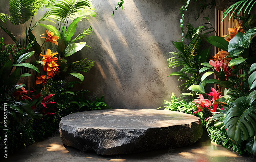 An inviting tropical scene featuring a stone podium bathed in natural sunlight, surrounded by lush, vibrant green plants and leaves An inviting tropical scene featuring a stone podium bathed in natural sunlight, surrounded by lush, vibrant green plants and leaves