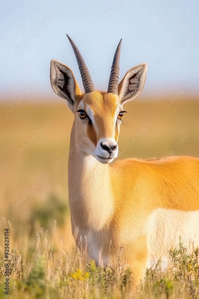 Graceful gazelle stands poised in golden grasslands under a clear blue sky Graceful gazelle stands poised in golden grasslands under a clear blue sky