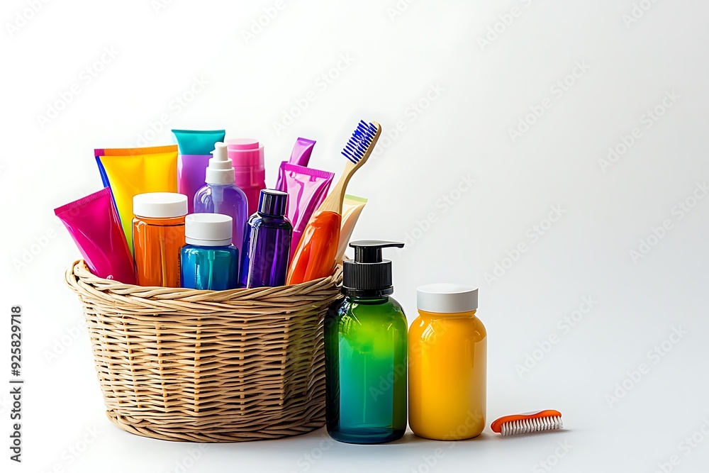 Obraz premium Composition of cosmetic bottles and soap in basket, isolated on white