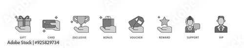 Loyalty program icon infographic illustration concept with icon of vip, support, bonus, reward, voucher, exclusive, card, gift icon live stroke and easy to edit 