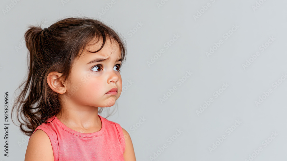 Canadian little girl angry expression looking at copy space, isolated on gray Canadian little girl angry expression looking at copy space, isolated on gray